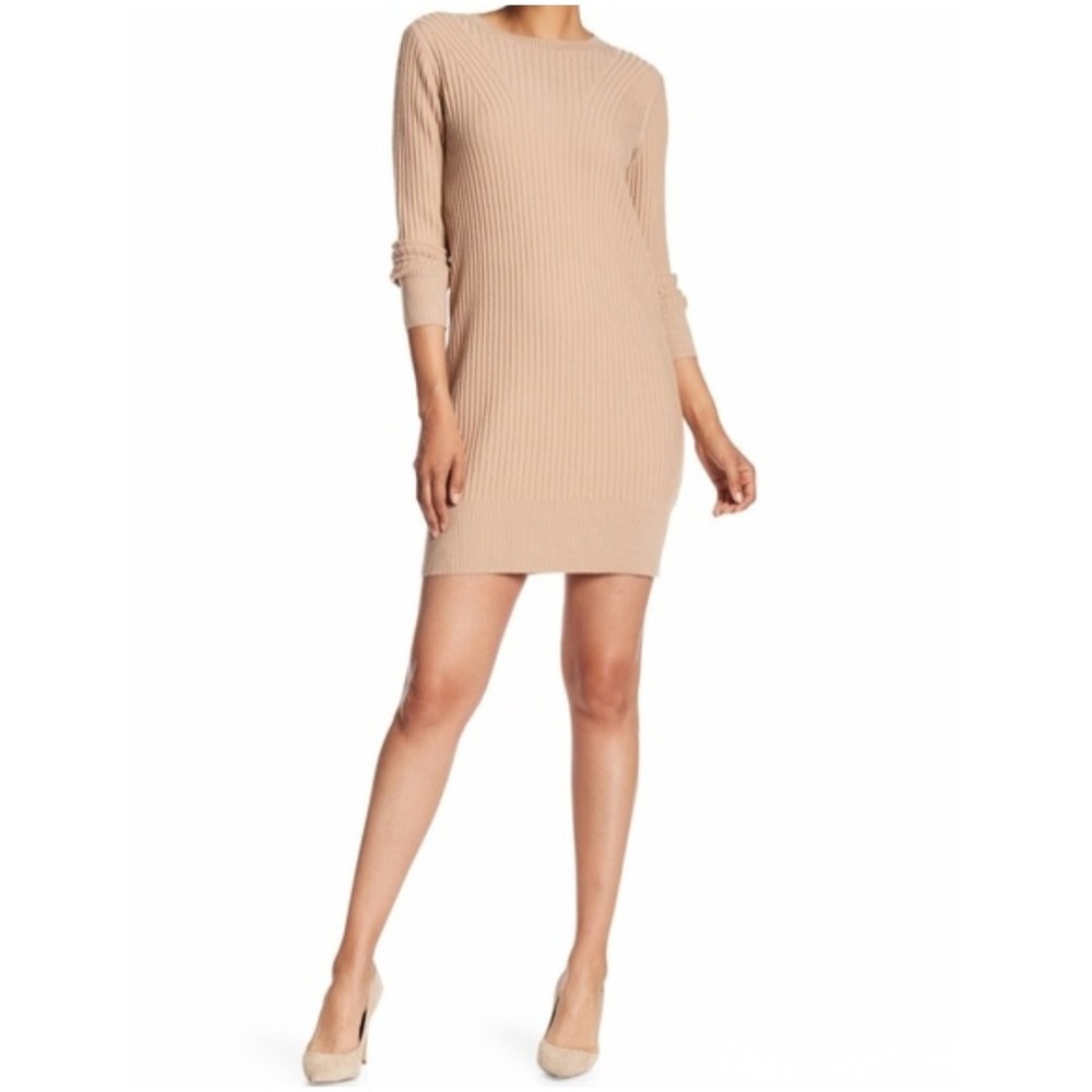 Club Monaco Nescher Tan Ribbed Wool Blend Long Sleeve Sweater Dress S Beige